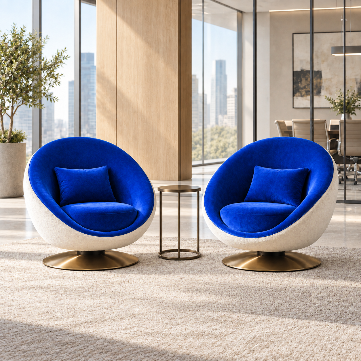 Pair of cobalt blue sculptural lounge chairs with a metal side table in a bright corporate office