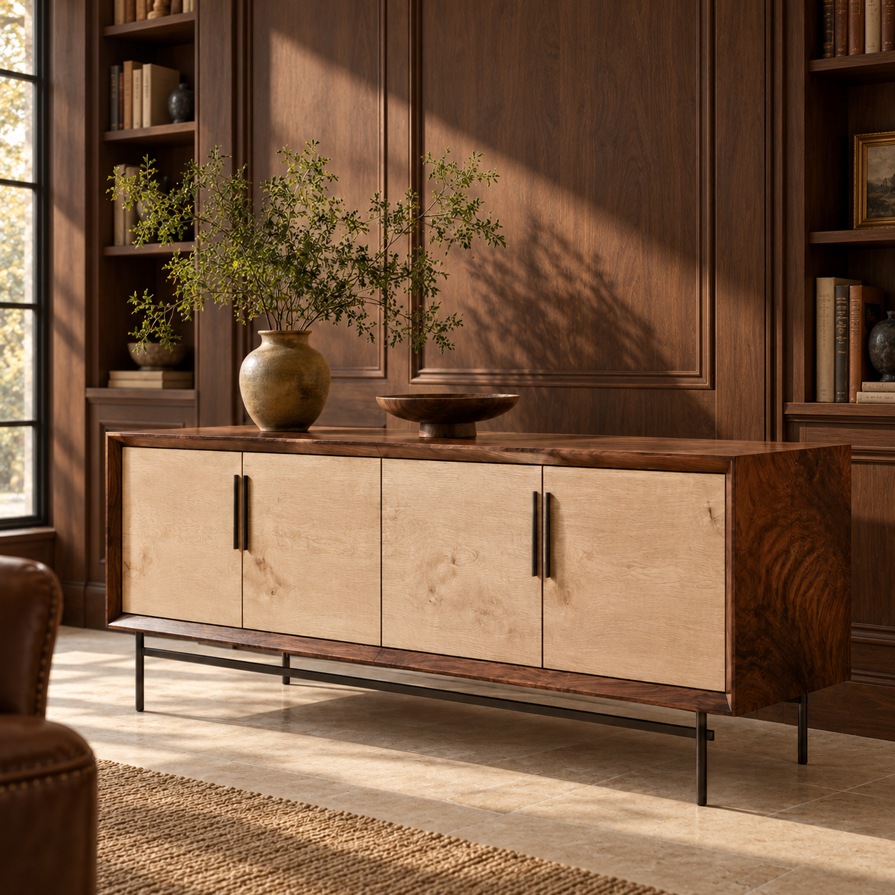 Custom burl wood and oak casegood in a walnut-paneled library
