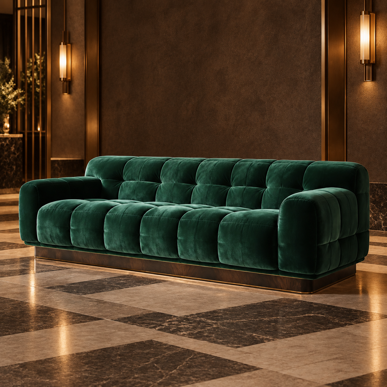 Emerald green biscuit tufted sofa in a luxury hotel lounge