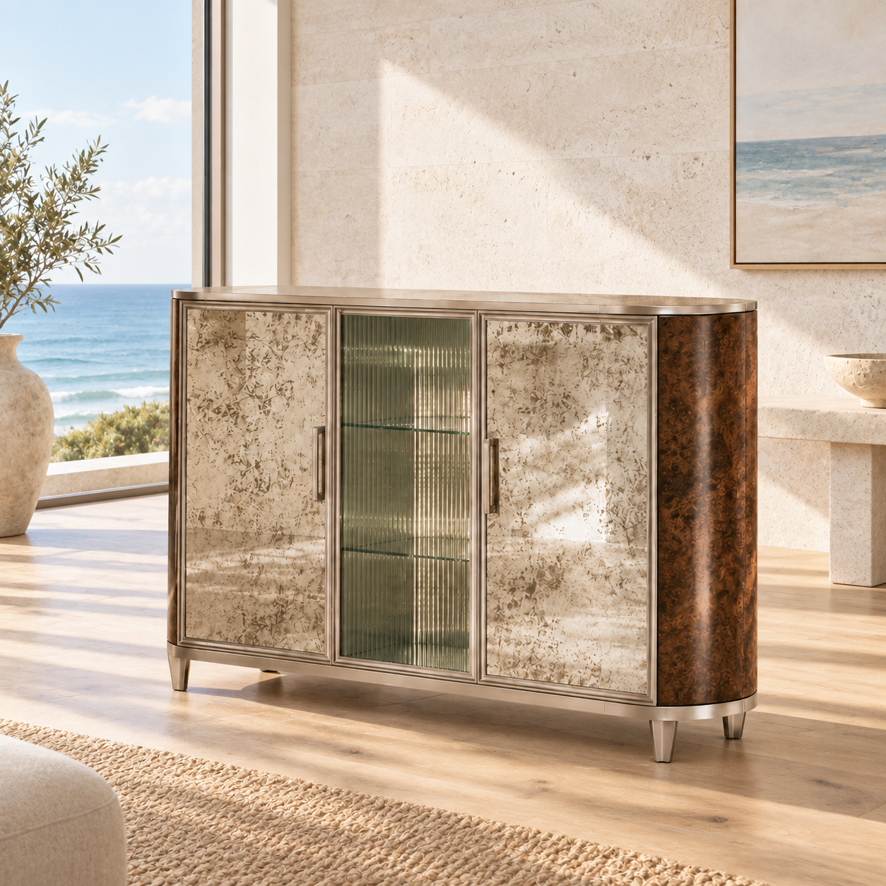 Mirrored cabinet with functional doors in a coastal residence