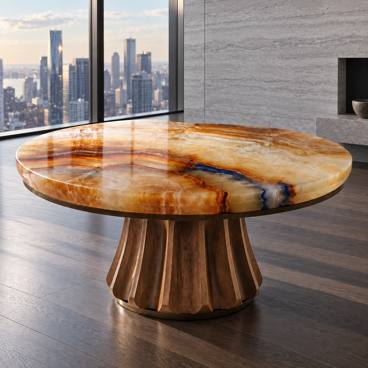 Onyx and walnut center table in a city penthouse