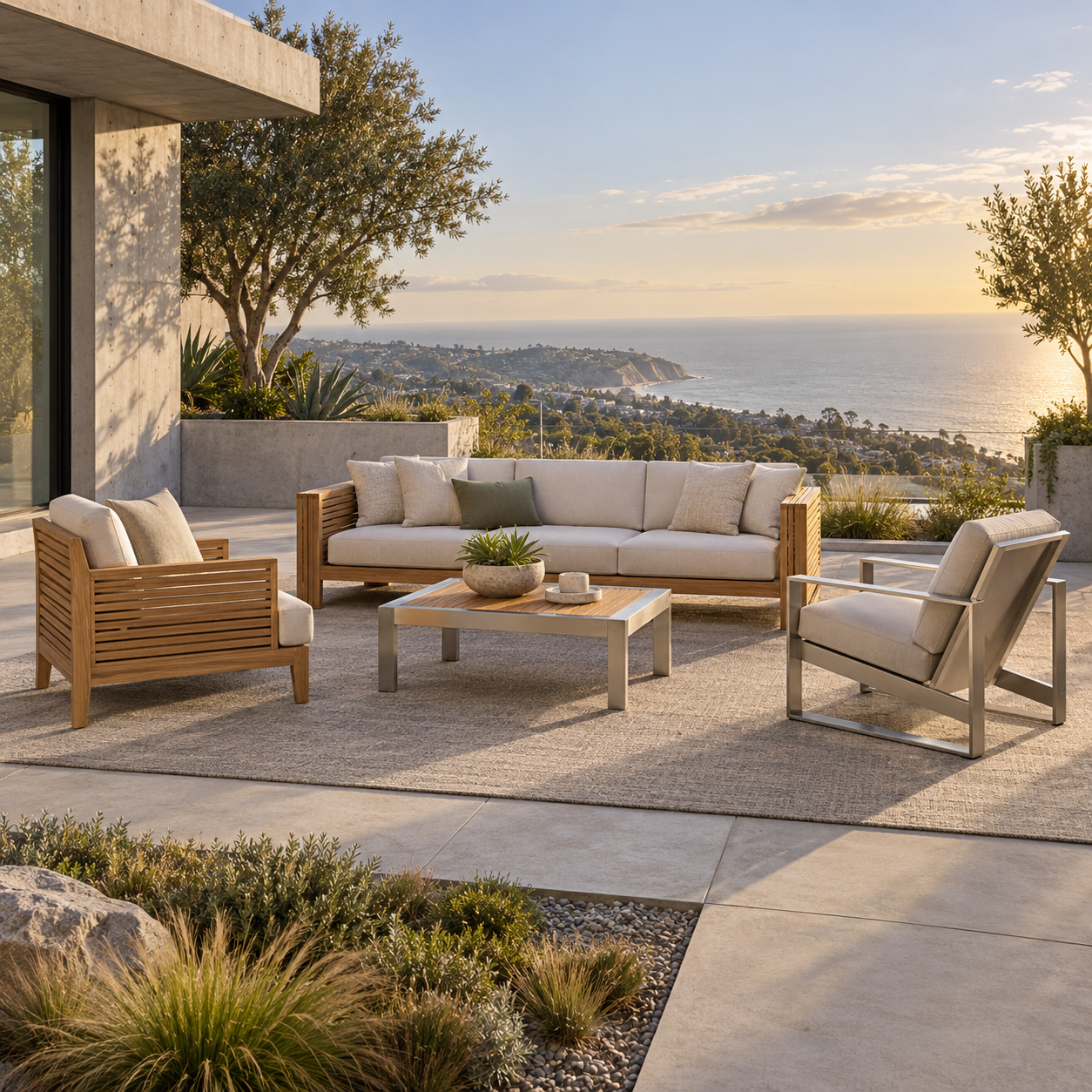 Hardwood and stainless-steel outdoor furniture on a coastal terrace